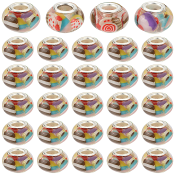 50Pcs Transparent Resin European Rondelle Beads, Large Hole Beads, with Snack Polymer Clay and Platinum Tone Alloy Double Cores, Colorful, 14x8.5mm, Hole: 5mm