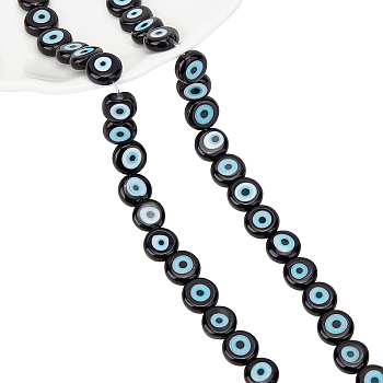 1 Strand Handmade Evil Eye Lampwork Beads Strands, Flat Round, Black, 8x3.2mm, Hole: 1mm