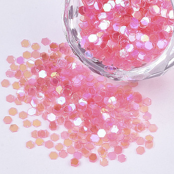 Ornament Accessories, PVC Plastic Paillette/Sequins Beads, AB Color Plated, Hexagon, Hot Pink, 2.5x2.8x0.4mm, about 21000pcs/500g