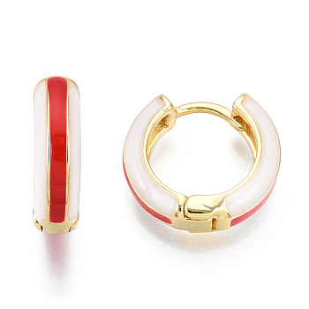 Brass Huggie Hoop Earrings, with Two Tone Enamel, Real 18K Gold Plated, FireBrick, 15x16.5x5mm, Pin: 1x1mm