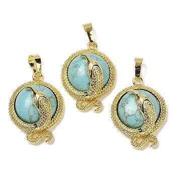 Synthetic Turquoise Flat Round Shaped Brass Pendants, Rack Plating, Cadmium Free & Lead Free, Golden, 29.5x21.5x9.5~11mm, Hole: 7.5x4.5mm