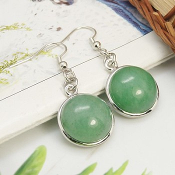 Fashion Natural Green Aventurine Earrings, with Brass Earring Hooks, Half Round/Dome, 44~45x18~19mm, Pin: 0.6mm