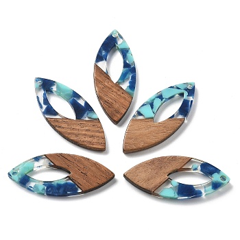 Resin and Walnut Pendants, Horse Eye, Marine Blue, 38x15.5x3mm, Hole: 2mm, Inner Diameter: 16mm