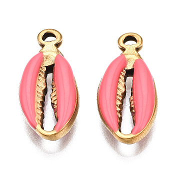 304 Stainless Steel Pendants, with Enamel, Spiral Shell, Golden, Hot Pink, 17x8x3.5mm, Hole: 1mm