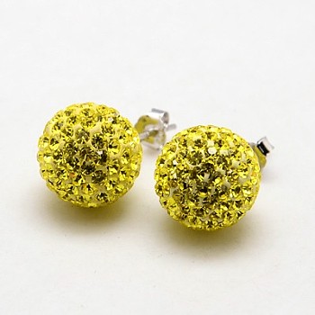 925 Sterling Silver Austrian Crystal Rhinestone Ear Studs, with Ear Nuts, Round, 249_Citrine, 12mm, Pin: 0.8mm