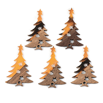 Resin & Walnut Wood Pendants, Christmas Tree, Orange, 38x25x3mm, Hole: 2mm