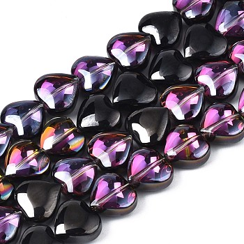 Electroplate Glass Beads Strands, Half Plated, Heart, Purple Plated, 9~10x10x5.5mm, Hole: 0.8mm, about 70~71pcs/strand, 25.20 inch~ 26.38 inch(64~67cm)