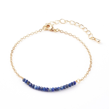 August Birthstone Natural Lapis Lazuli Beaded Bracelets, with Brass Cable Chains, Faceted Round, Golden, 7-1/4 inch(18.5cm)