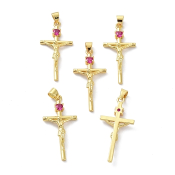 Brass Cubic Zirconia Pendants, Long-Lasting Plated, Lead Free & Cadmium Free, Real 18K Gold Plated, Cross with Jesus, Hot Pink, 33x16x4mm, Hole: 3x4mm