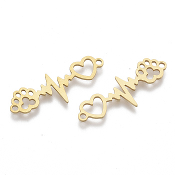 201 Stainless Steel Links connectors, Laser Cut Links, Heartbeat with Paw Print, Golden, 33x12x1mm, Hole: 1.8mm