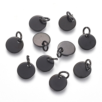 304 Stainless Steel Charms, Stamping Blank Tag, with Jump Rings, Flat Round, Electrophoresis Black, 8x0.7mm, Hole: 3.5mm