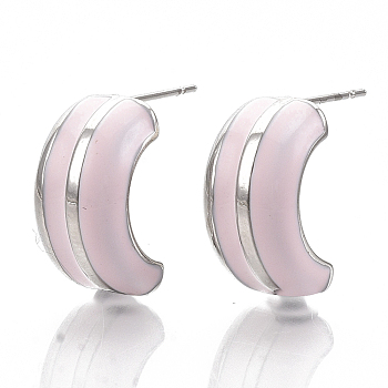 (Jewelry Parties Factory Sale)Alloy Enamel Stud Earring, with Stainless Steel Pins, Letter C Shape, Platinum, Pink, 20x19x9mm, Pin: 1mm