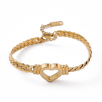 304 Stainless Steel Hollow Out Heart Link Bracelet with Cuban Link Chains for Women, Golden, 6-1/2 inch(16.5cm)
