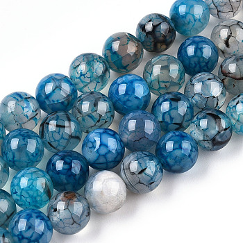 Dyed Natural Dragon Veins Agate Beads Strands, Round, Steel Blue, 8~8.5mm, Hole: 1mm, about 47pcs/strand, 15.5 inch