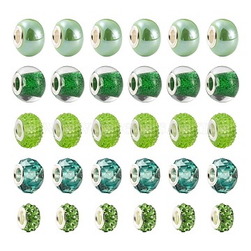 DIY Jewelry Making Kits, Including 50Pcs 5 Style Rondelle Acrylic & Polymer Clay Rhinestone & Resin Rhinestone & Transparent Glass & Pearlized Handmade Porcelain European Beads, Light Green, 10~15x7~11mm, Hole: 4.5~5mm, 10pcs/style(DIY-LS0001-79A)