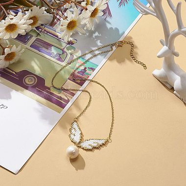 Glass Seed Wing with Natural Pearl Pendant Necklace(NJEW-MZ00008)-6