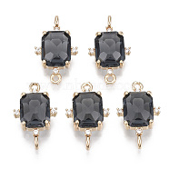 Glass Links connectors, with Brass Micro Pave Cubic Zirconia, Faceted, Rectangle, Light Gold, Black, 20x12x5.5mm, Hole: 1.2mm(GLAA-T021-12A)