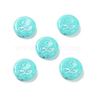 Opaque Acrylic Beads, Metal Enlaced, Flat Round with Flower Pattern, Turquoise, 17.5~18x5~5.5mm, Hole: 1.8mm, about 399pcs/500g(OACR-G016-27F)