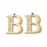 Real 14K Gold Plated 304 Stainless Steel Pendants, with Rhinestone, Letter B, 18x14x2mm, Hole: 1.2mm(STAS-L022-157G-B)