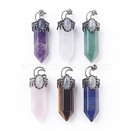 Natural Mixed Stone Big Pendants, Pointed Pendant, with Brass Findings and Oval Natural Labradorite Cabochons, Faceted, Bullet, Antique Silver, 60~62x20x23~24mm, Hole: 5.5x7mm(G-F639-05)