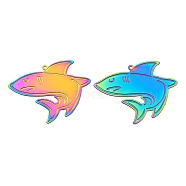 Ion Plating(IP) 304 Stainless Steel Etched Metal Embellishments Pendants, Rainbow Color, Shark, 34x40x0.3mm, Hole: 1.2mm(STAS-G328-05I-RC)