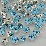 Sew on Rhinestone, Grade A Glass Rhinestone, with Brass Prong Settings, Garments Accessories, Silver Color Plated Metal Color, Aquamarine, 5.44~5.61x5.44~5.61mm, Hole: 1mm, about 720pcs/bag(RB-J179-SS25-202)