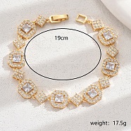 Brass Pave Clear Cubic Zirconia Octagon Link Bracelets for Women, Golden(AJ3162-1)