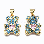 Brass Micro Pave Clear Cubic Zirconia Pendants, Inlay Bear Shape Charms, Cadmium Free & Nickel Free & Lead Free, Real 16K Gold Plated, Sky Blue, 21x15.5x4.5mm, Hole: 5x3mm(ZIRC-S067-044C-NR)
