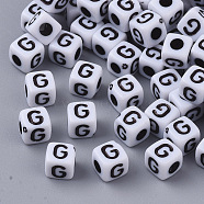 White Opaque Acrylic Beads, Horizontal Hole, Cube with Black Alphabet, Letter.G, 4~5x4~5x4~5mm, Hole: 1.8mm, about 6470~6500pcs/500g(MACR-R869-02G)