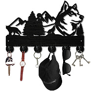 Black Wood & Iron Wall Mounted Hook Hangers, Decorative Organizer Rack, with 2Pcs Screws & 1Pc Screwdriver, 6 Hooks for Bag Clothes Key Scarf Hanging Holder, Wolf, 300x200x7mm, Hole: 5mm(DIY-WH0601-004)