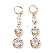 Rack Plating Golden Brass Dangle Leverback Earrings, with Cubic Zirconia for Women, Flower, 55x13mm(EJEW-A030-02D-G)