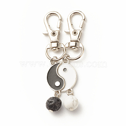 Alloy Enamel Keychain, with Alloy Swivel Lobster Claw Clasps and Natural Howlite & Lava Rock, Yin Yang, Platinum, 65mm, 2pcs/set(KEYC-JKC00310)