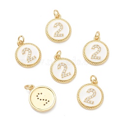 Brass Micro Pave Clear Cubic Zirconia Charms, Long-Lasting Plated, with Jump Rings and White Enamel, Flat Round with Number, Real 18K Gold Plated, Num.2, 14.5x12x2mm, Hole: 1.5mm(ZIRC-I052-16G-02)