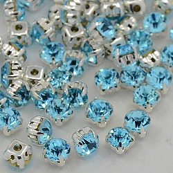 Sew on Rhinestone, Grade A Glass Rhinestone, with Brass Prong Settings, Garments Accessories, Silver Color Plated Metal Color, Aquamarine, 5.44~5.61x5.44~5.61mm, Hole: 1mm, about 720pcs/bag(RB-J179-SS25-202)