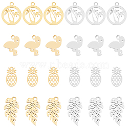 32Pcs 8 Style 304 Stainless Steel Pendants, Manual Polishing, Pineapple & Flamingo & Ring with Coconut Tree, Golden & Stainless Steel Color, 11.5~16.5x6.5~11.5x1~1.1mm, Hole: 1~1.4mm, 4pcs/style(STAS-DC0012-99)