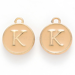 Golden Plated Alloy Enamel Charms, Cadmium Free & Lead Free, Enamelled Sequins, Flat Round with Letter, Wheat, Letter.K, 14x12x2mm, Hole: 1.5mm(X-ENAM-S118-06K)