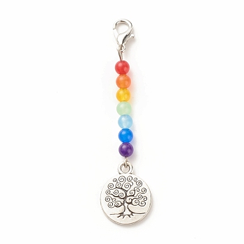 Chakra Theme Natural & Dyed Malaysia Jade Beaded Pendant Decorations, with Lobster Claw Clasps, Tibetan Style Alloy Pendants, Tree of Life, Colorful, 6.5cm