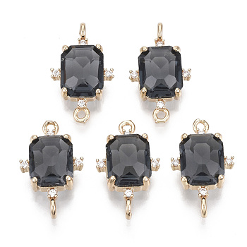 Glass Links connectors, with Brass Micro Pave Cubic Zirconia, Faceted, Rectangle, Light Gold, Black, 20x12x5.5mm, Hole: 1.2mm