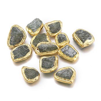 Natural Prehnite Beads, with Golden Plated Brass Edge, Rough Raw Stone, Nuggets, 19~26x14.5~20x6~17.5mm, Hole: 0.7~0.9mm