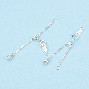 925 Sterling Silver Universal Chain Extender, with S925 Stamp, with Clasps & Curb Chains, Silver, 44mm, Links: 53x1x1mm; Clasps: 7.5x6x1mm; Heart: 6×4×3mm, Label: 8x3x0.5mm.