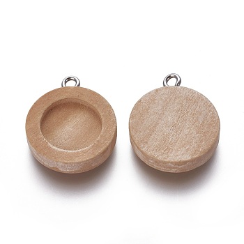 Wooden Pendant Cabochon Settings, Pendant Base, with Stainless Steel Findings, Flat Round, PeachPuff, Tray: 12.5mm, 22x18.5x4.5mm, Hole: 1.8mm