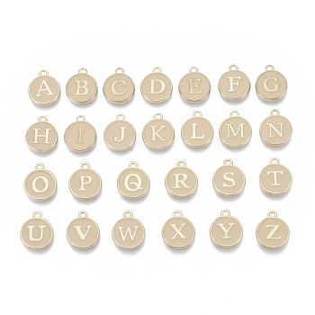 Initial Letter A~Z Alphabet Enamel Charms, Flat Round Disc Double Sided Charms, PeachPuff, 14x12x2mm, Hole: 1.5mm, 26pcs/set