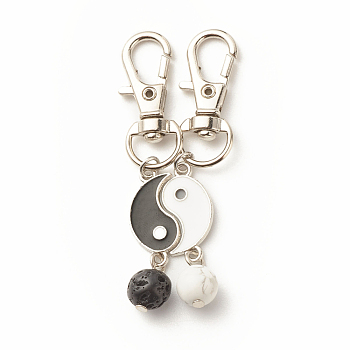 Alloy Enamel Keychain, with Alloy Swivel Lobster Claw Clasps and Natural Howlite & Lava Rock, Yin Yang, Platinum, 65mm, 2pcs/set