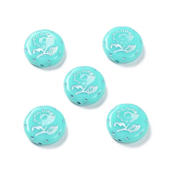 Opaque Acrylic Beads, Metal Enlaced, Flat Round with Flower Pattern, Turquoise, 17.5~18x5~5.5mm, Hole: 1.8mm, about 399pcs/500g