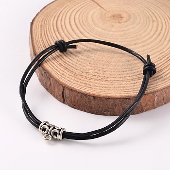 Adjustable Cowhide Leather Cord Bracelets, with Alloy Findings, Antique Silver, Black, 55mm