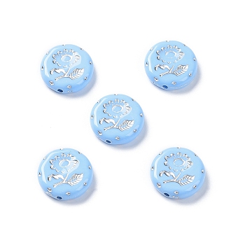 Opaque Acrylic Beads, Metal Enlaced, Flat Round with Flower Pattern, Light Sky Blue, 17.5~18x5~5.5mm, Hole: 1.8mm, about 399pcs/500g