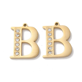 Real 14K Gold Plated 304 Stainless Steel Pendants, with Rhinestone, Letter B, 18x14x2mm, Hole: 1.2mm