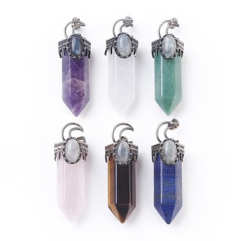 Natural Mixed Stone Big Pendants, Pointed Pendant, with Brass Findings and Oval Natural Labradorite Cabochons, Faceted, Bullet, Antique Silver, 60~62x20x23~24mm, Hole: 5.5x7mm