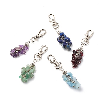 Gemstone Chips Cluster Pendant Decorations, Lobster Clasp Charms, Clip-on Charms, for Keychain, Purse, Backpack Ornament, 70mm