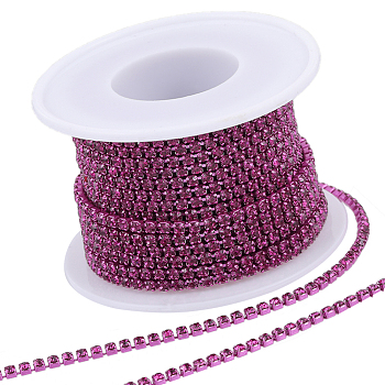 1 Roll Electrophoresis Iron Rhinestone Strass Chains, Rhinestone Cup Chains, with Spool, Fuchsia, SS8.5, 2.4~2.5mm, about 10 Yards/roll
